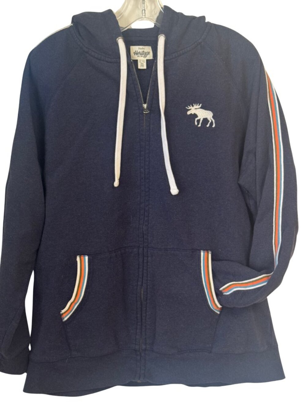 Hatley Heritage Zip-Up Hoodie Gray Unisex XL Moose Logo Rainbow Stripe Trim